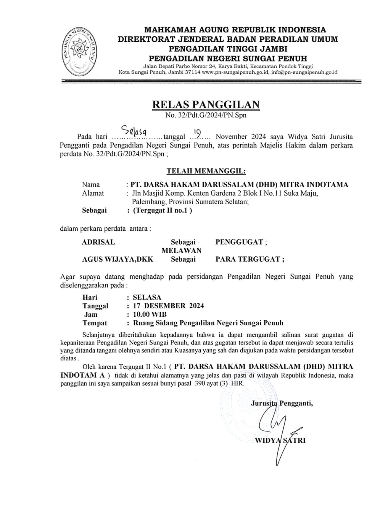 Panggilan Sidang Perkara Nomor 32/Pdt.G/2024/PN.SPN